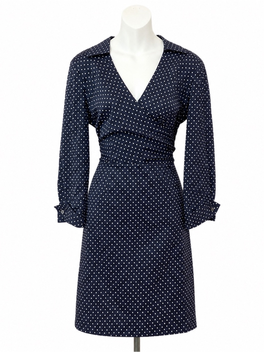 Ann Taylor Navy White Polka Dot Faux Wrap Long Sleeve Dress Size 8